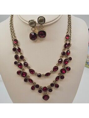 Vintage Napier Red Crystal Statement Necklace Earrings Set Gold Tone Bib Faceted